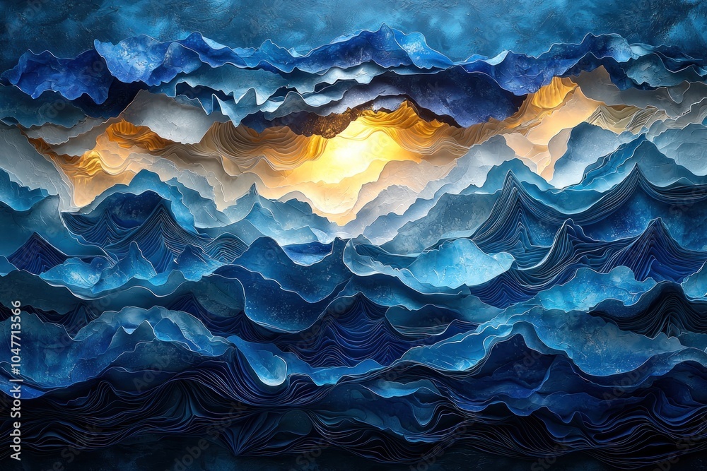 Abstract Paper Art Depiction of a Mountain Range with a Golden Glow Abstract Paper Art Depiction of a Mountain Range with a Golden Glow
