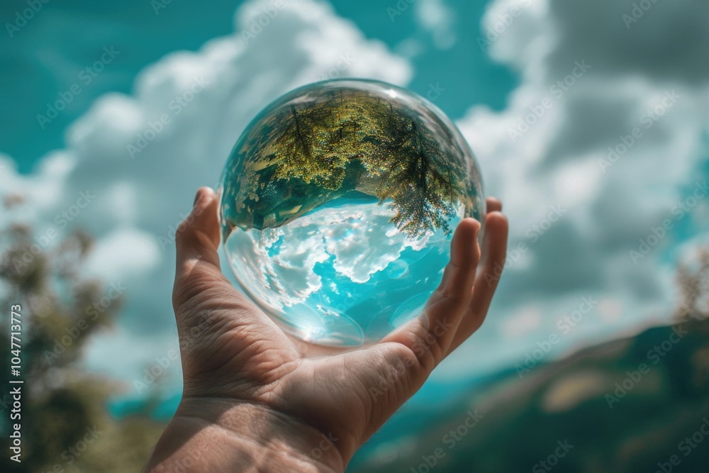 A person is holding a glass ball with a small tree inside, ideal for winter or holiday-themed designs A person is holding a glass ball with a small tree inside, ideal for winter or holiday-themed designs