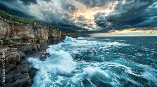 Waves Crashing on Coastal Cliffs Under Stormy Sky