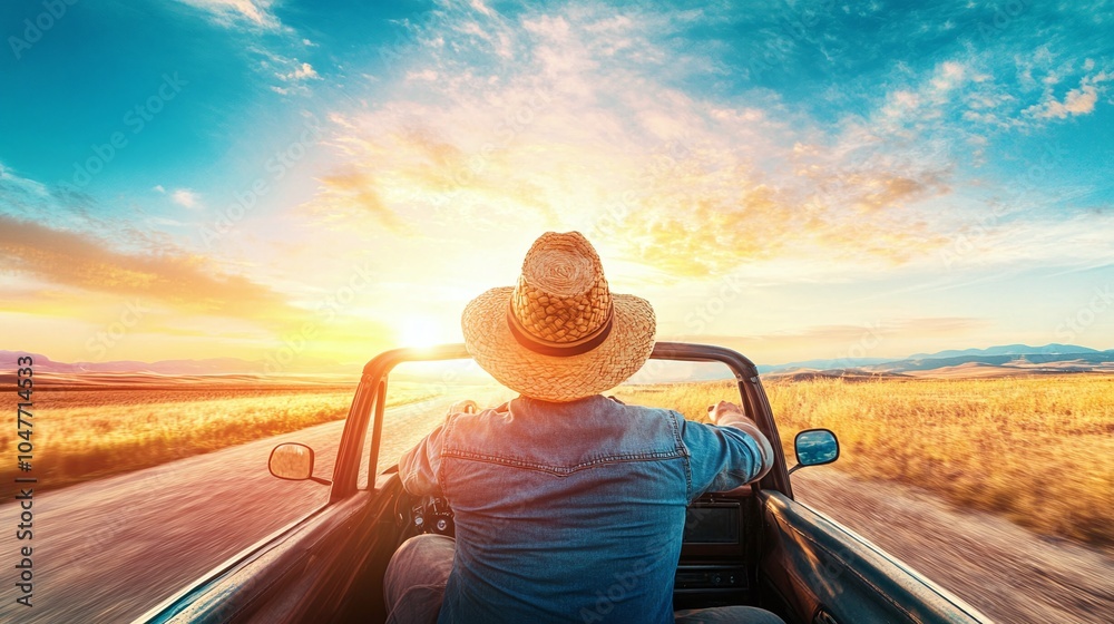 Fototapeta premium Scenic Drive Through Rural Landscape at Sunset