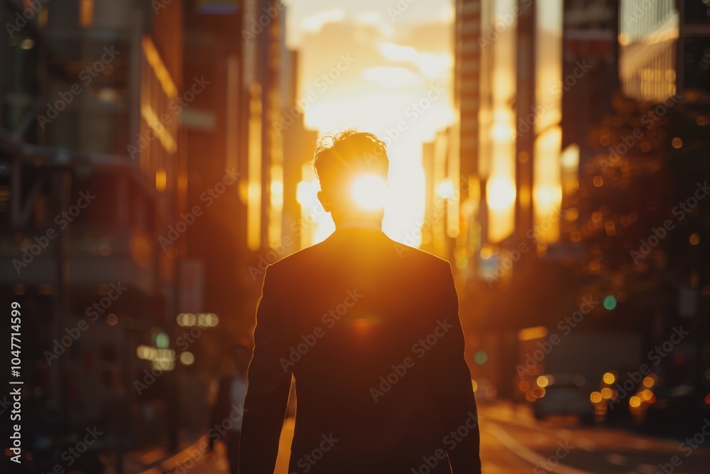 A person strolling along a street as the sun sets, providing a warm glow A person strolling along a street as the sun sets, providing a warm glow