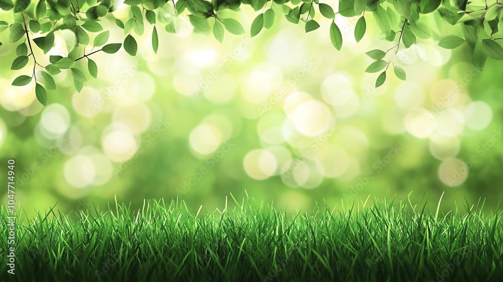 Lush green grass and vibrant leaves create a serene outdoor setting in sunlight Lush green grass and vibrant leaves create a serene outdoor setting in sunlight