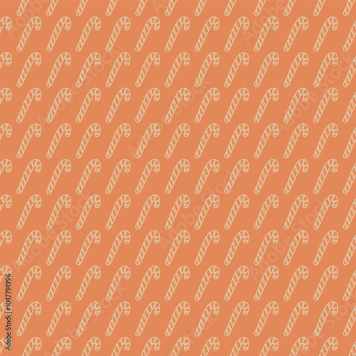 Line Art Candy Canes in non Traditional Orange in Stripes on an Orange background creating a seamless pattern print background