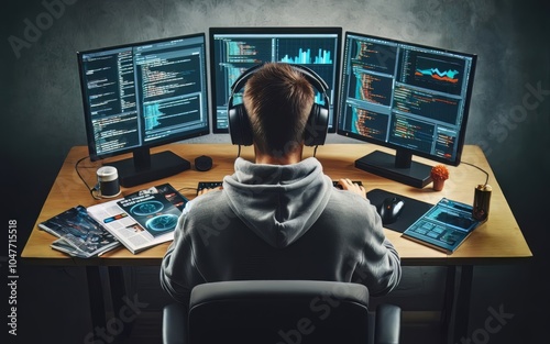 A young programmer guy with headphones on his head works while sitting in front of a computer. AI, Generation, Illustration.