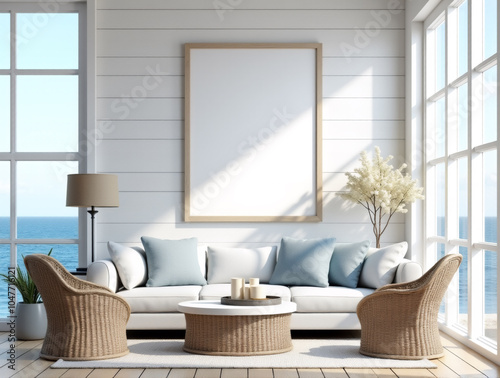 Coastal Beach House Mockup Featuring Empty Canvas in Weathered White Frame on Shiplap Walls