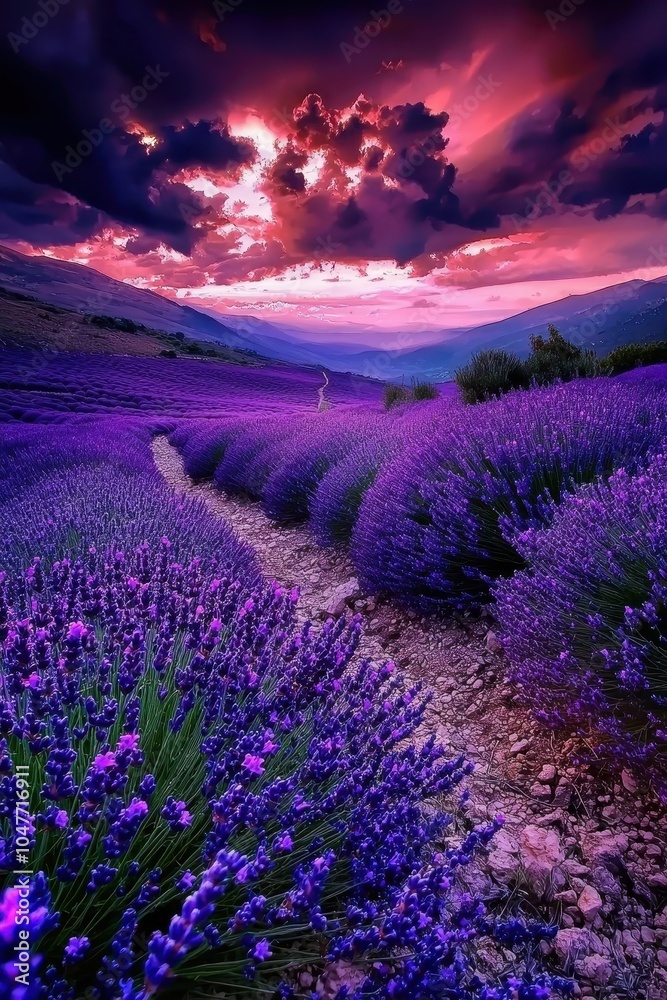 Fototapeta premium Lavender Fields Under Dramatic Sunset Sky