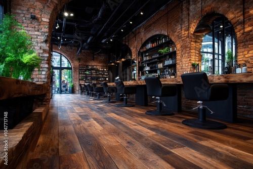 A stylish barbershop featuring rustic interior design with exposed brick walls, wooden flooring, and modern chairs, creating an inviting and chic atmosphere.