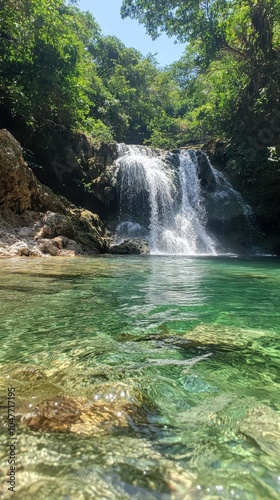 Lush Tropical Waterfall with Clear Pool