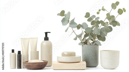 Bath accessories include a mix of personal care products and a eucalyptus branch, isolated against a white background