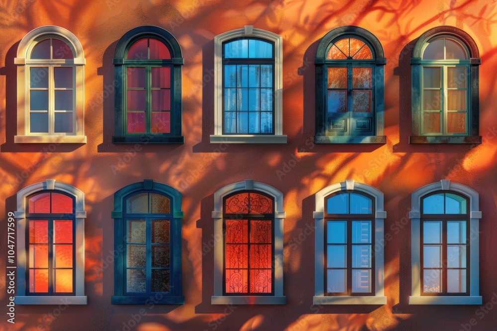 Fototapeta premium Colorful building exterior with variously hued windows and architecture