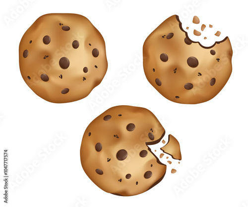 Traditional chocolate chip cookies. Bitten, broken, cookie crumbs. 3D Cartoon vector illustration set. Sweet delicious food. Cartoon vector illustration