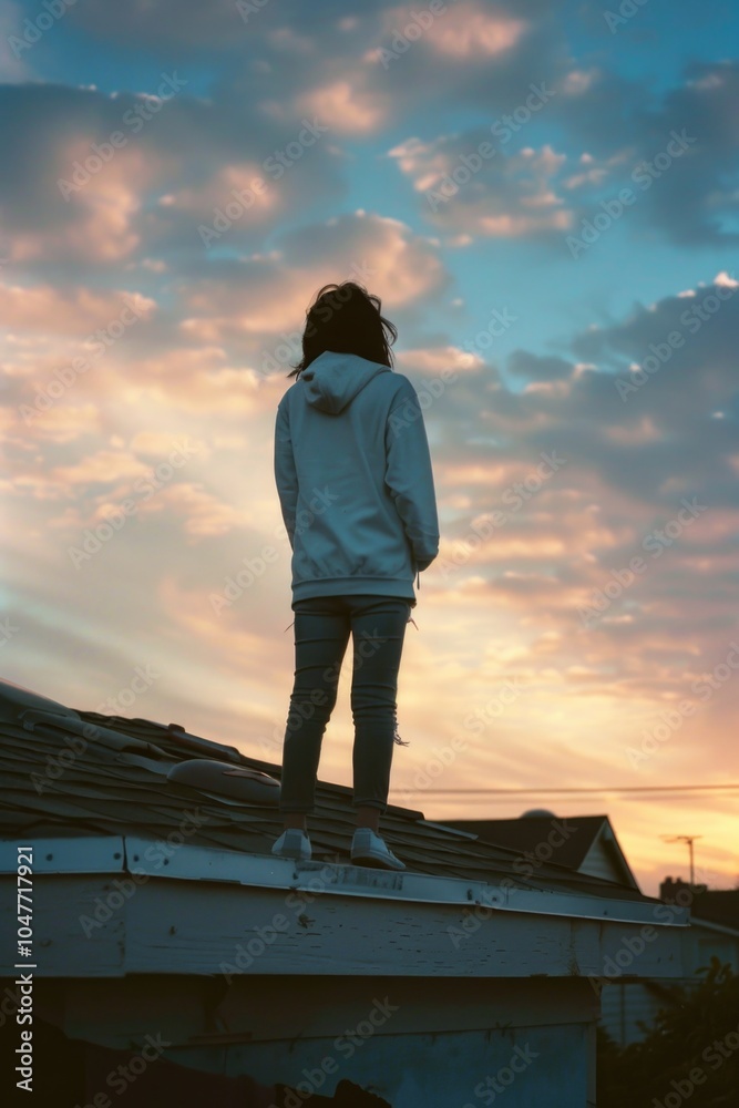 Fototapeta premium Person standing on the rooftop with an uncertain or adventurous atmosphere