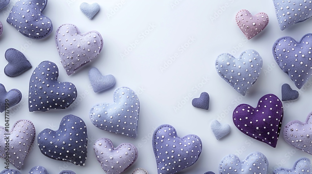Obraz premium Soft purple and white fabric hearts with polka dots scattered on white background. Flat lay with copy space. Valentine’s Day decor for romantic craft, banner, and greeting card design.