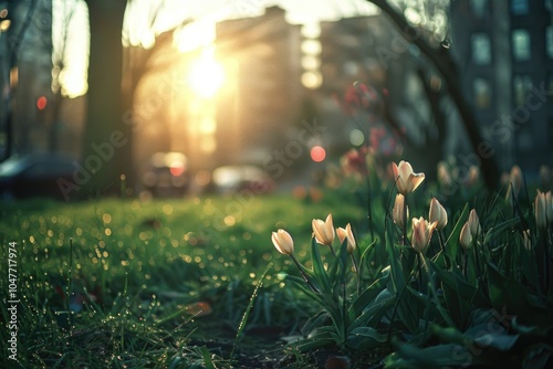 A collection of colorful flowers growing naturally in a green lawn, perfect for backgrounds or still life photography photo