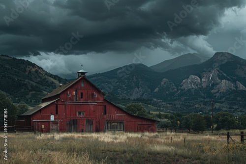 A rustic red barn situated in a green field with distant mountains in the background