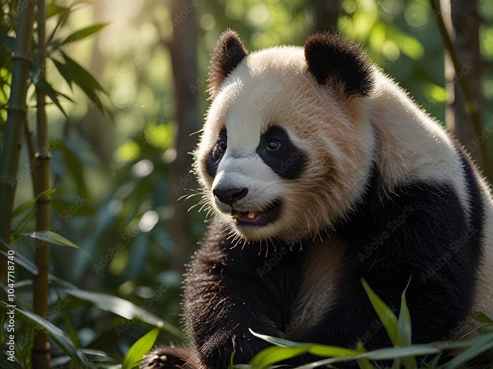 Fototapeta premium Adorable Panda Bear Cub in Bamboo Forest