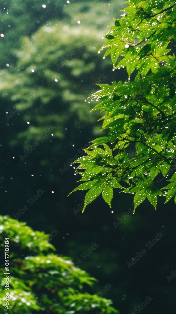緑豊かな森の中にある、雨に濡れた穏やかな緑の葉 緑豊かな森の中にある、雨に濡れた穏やかな緑の葉