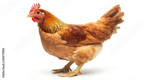 realistic depiction of brown chicken standing on white background, showcasing its detailed feathers and vibrant colors. This captures essence of poultry in striking manner