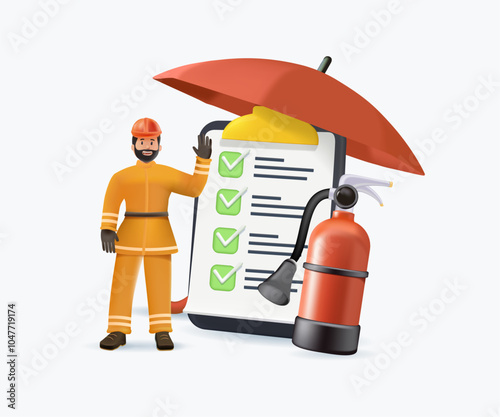 3D fire security Concept. Fire safety regulations to prevent fire and regulate the action to be taken in the event of a fire