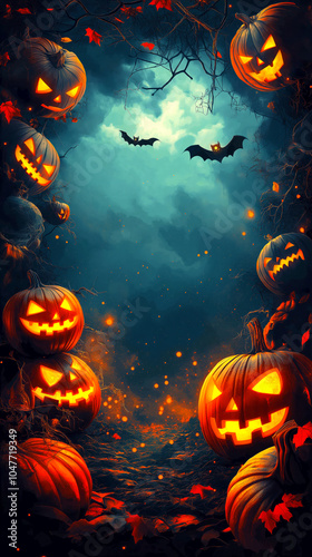 Vertical Halloween banner with glowing jack-o'-lanterns on both sides. Bats fly through dark, misty sky, while autumn leaves and branches frame composition. For themed celebrations, posters, or ads