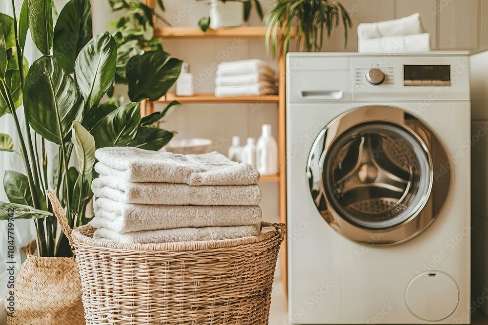 laundry room with a front-loading washing machine and dryer stacked with a wicker basket of towels and houseplants laundry room with a front-loading washing machine and dryer stacked with a wicker basket of towels and houseplants