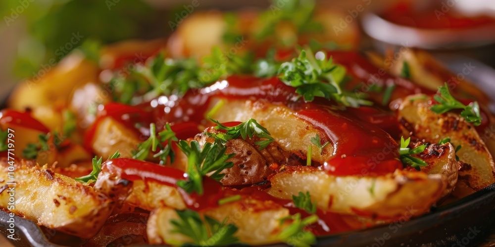 A plate of French fries smothered in ketchup, ready for snacking A plate of French fries smothered in ketchup, ready for snacking