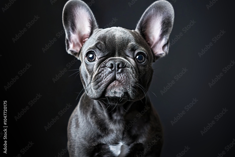 close-up adorable black french bulldog dog standing on black background close-up adorable black french bulldog dog standing on black background