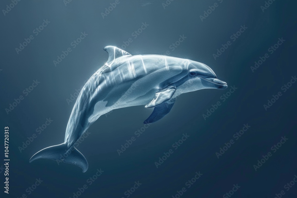 Obraz premium A dolphin swims in the open ocean, with sunlight reflecting off its back