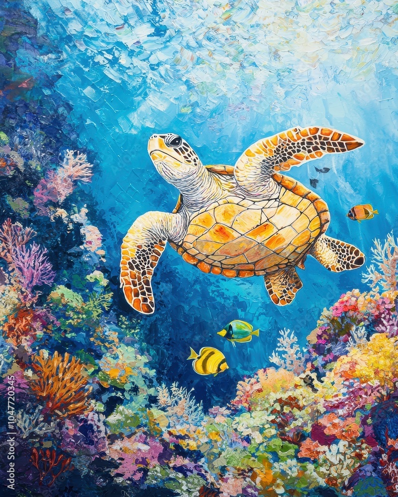 Obraz premium Sea Turtle Gliding Through Vibrant Underwater Landscape