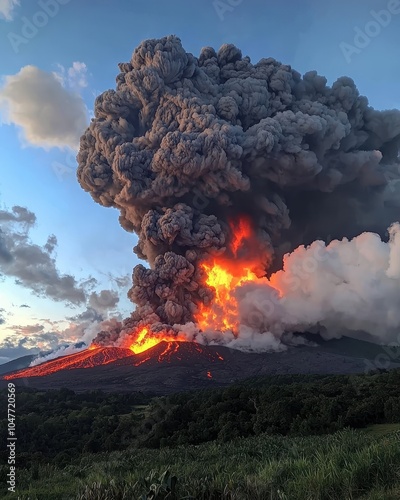 Majestic Volcanic Eruption with Ash and Lava Flow