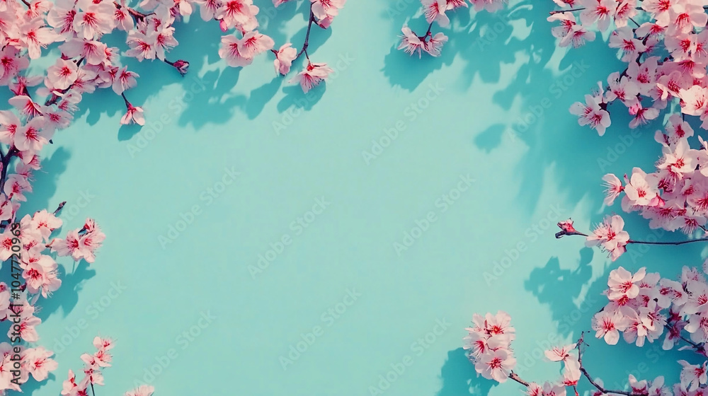 Delicate cherry blossoms scattered on a turquoise background in springtime elegance Delicate cherry blossoms scattered on a turquoise background in springtime elegance