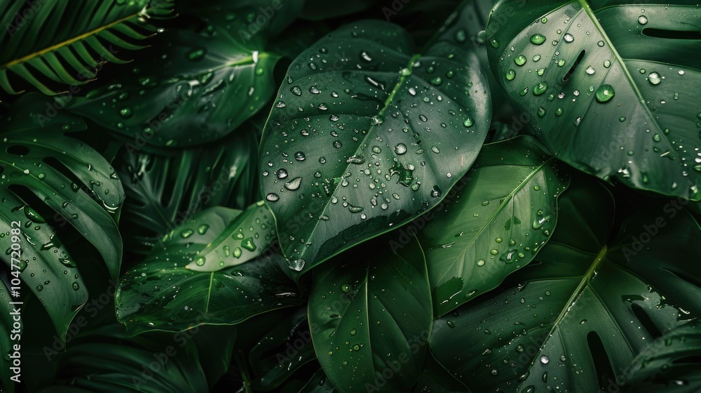 Fototapeta premium Fresh green leaves with water droplets glisten in the light