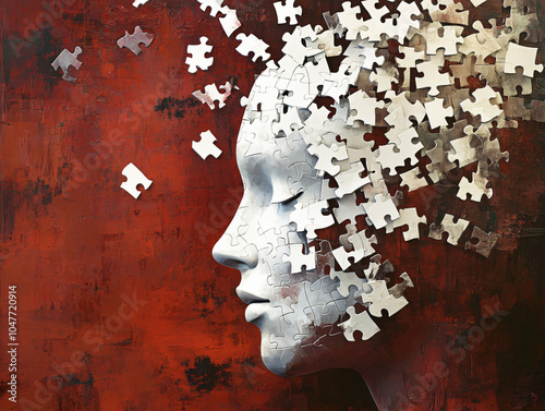 2D Human head from puzzle pieces, white puzle pieces on dark cayenne background