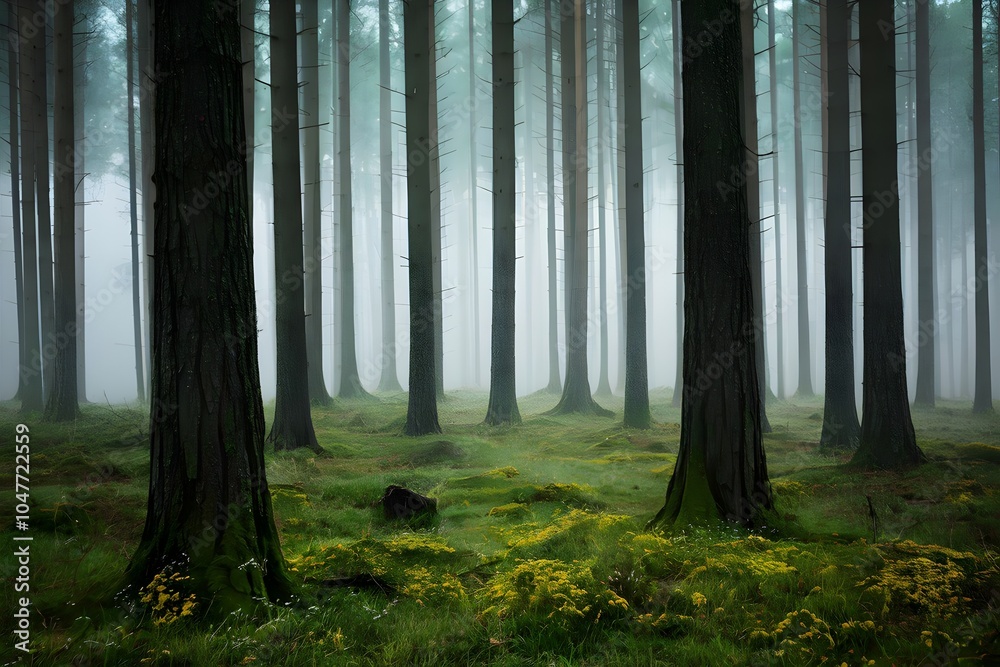 Obraz premium Misty Forest Scene With Tall Trees And Lush Grass. Generative AI