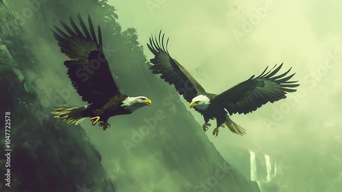 A pair of eagles locked in a mid-air embrace, their talons gripping each other as they soar photo