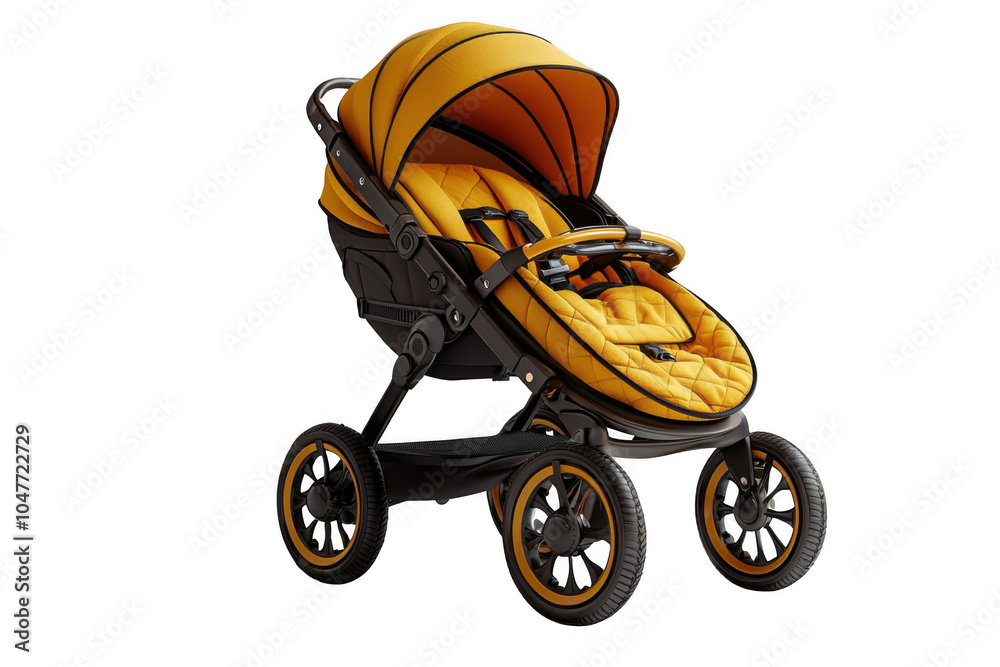 Yellow baby double stroller isolated on transparent background, png file, no background png file