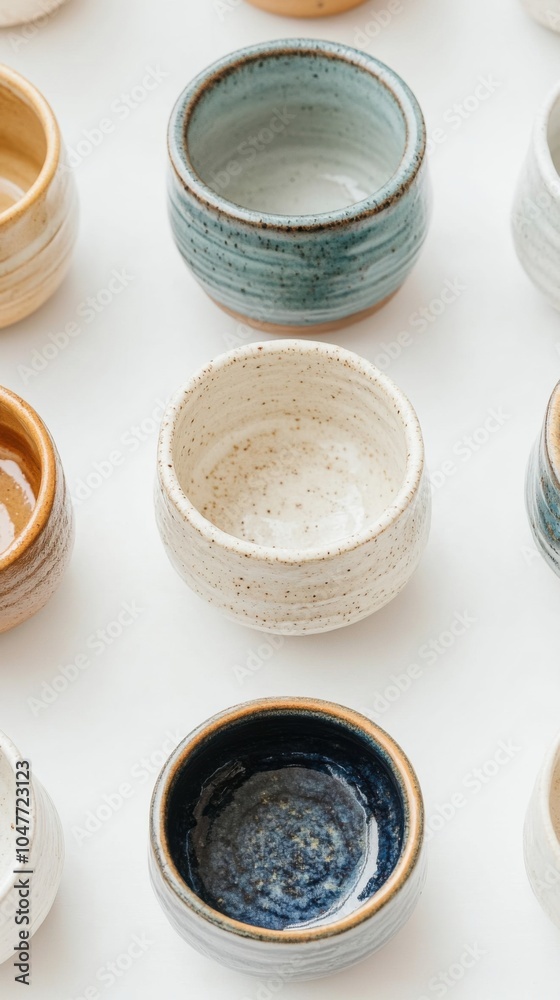 さまざまな色と質感の手作り陶器ボウルが展示されています さまざまな色と質感の手作り陶器ボウルが展示されています