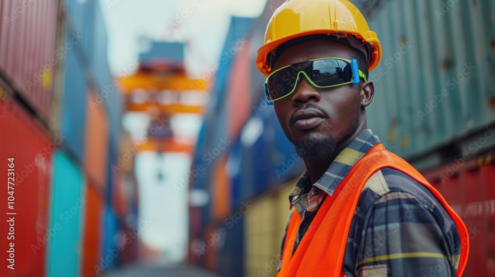 Worker in safety gear operating a delivery vehicle or forklift in a shipping container yard, involved in logistics and radio communication for cargo handling Worker in safety gear operating a delivery vehicle or forklift in a shipping container yard, involved in logistics and radio communication for cargo handling