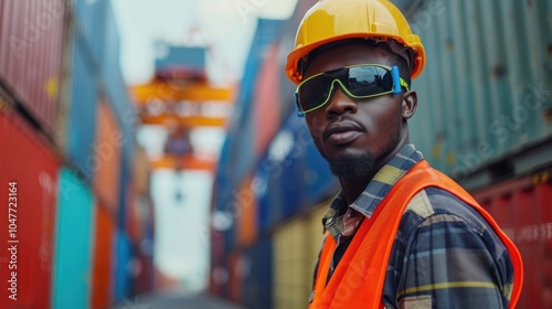 Worker in safety gear operating a delivery vehicle or forklift in a shipping container yard, involved in logistics and radio communication for cargo handling