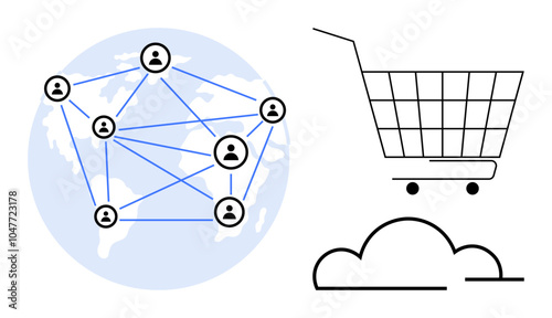 Two main elements, a connected network of people over a map of the world and a shopping cart with a cloud. Ideal for online business, globalization of trade, cloud storage, digital marketing