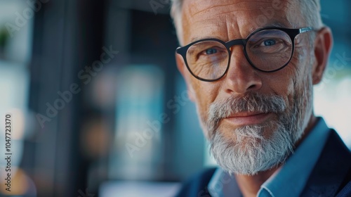 Professional portrait of an older man in a business setting, utilizing a computer and demonstrating leadership with colleagues, dressed formally in a corporate environment photo