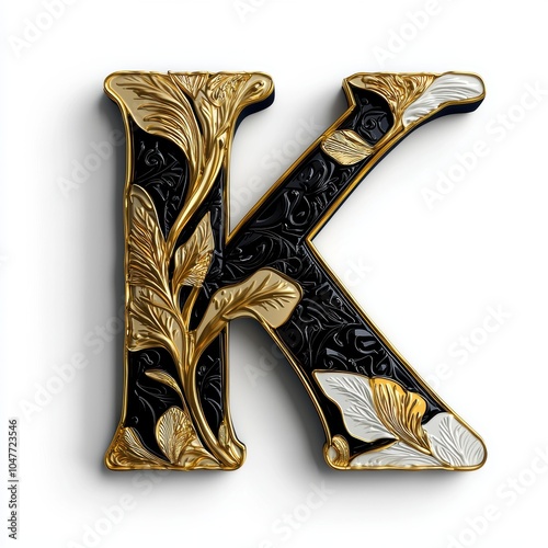 Stylish 3D Letter K in Gold, Black, and White Design