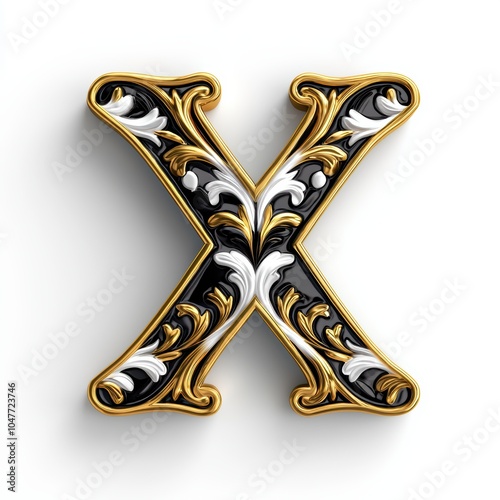Stylish 3D Letter X in Gold, Black, and White Design