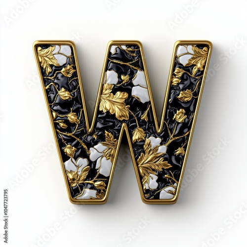 Stylish 3D Letter W in Gold, Black, and White Design