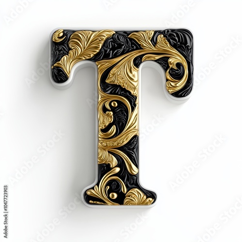 Stylish 3D Letter T in Gold, Black, and White Design