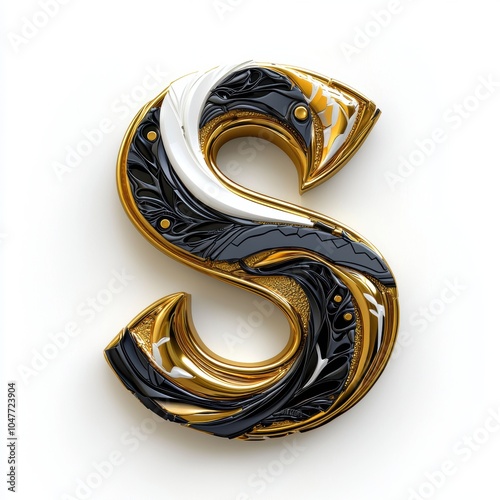 Stylish 3D Letter S in Gold, Black, and White Design