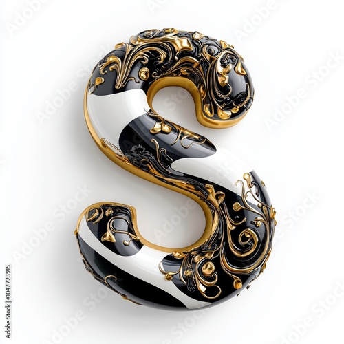 Stylish 3D Letter S in Gold, Black, and White Design