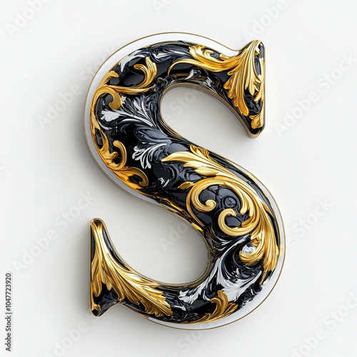 Stylish 3D Letter S in Gold, Black, and White Design