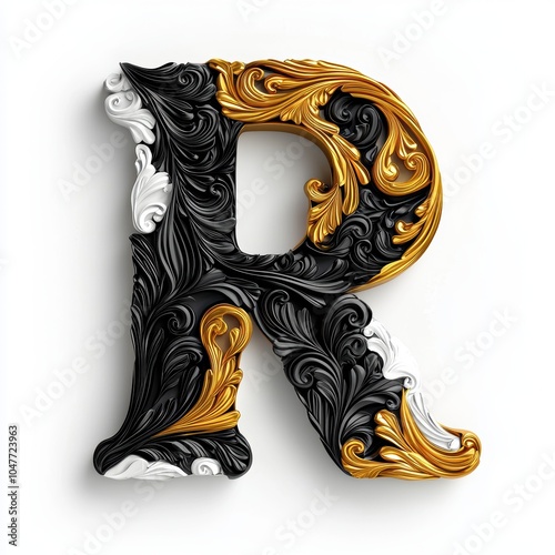 Stylish 3D Letter R in Gold, Black, and White Design