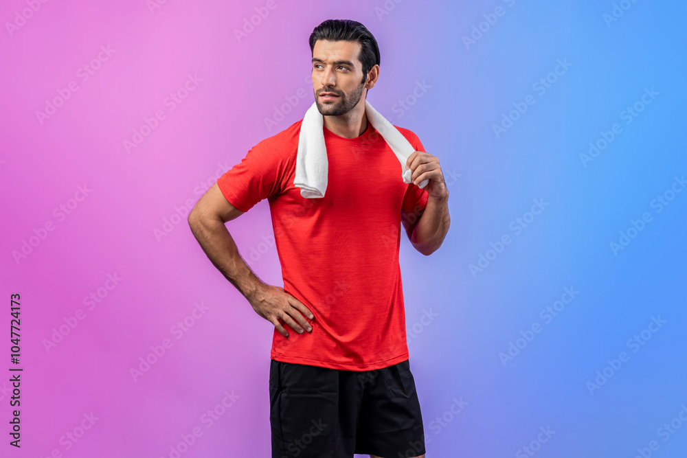 Full body length gaiety shot athletic and sporty young man in fitness exercise posture on isolated background. Healthy active and body care lifestyle. Full body length gaiety shot athletic and sporty young man in fitness exercise posture on isolated background. Healthy active and body care lifestyle.